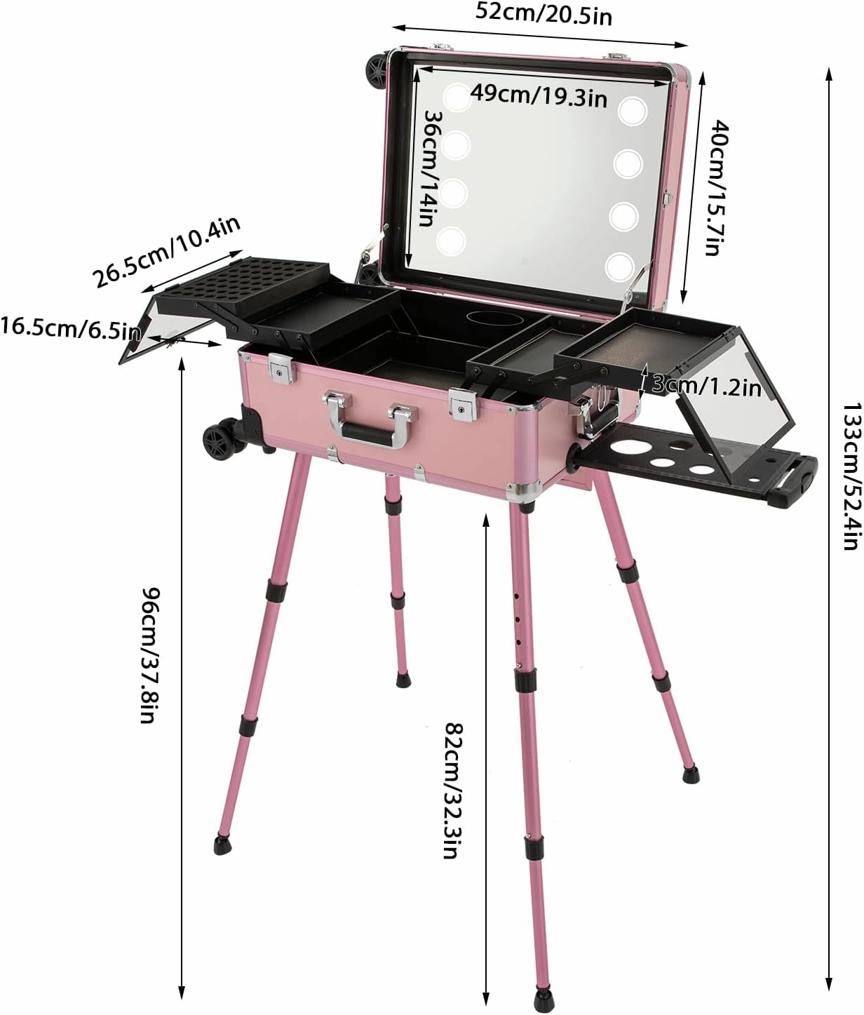 Professional Cosmetic Travel Case,3 Tiers Rolling Makeup Train Case,Height Adjustable Cosmetic Organizer Box with 3Color LED Lighted Mirror,12V Portable Trolley Salon Station, Pink (Pink)