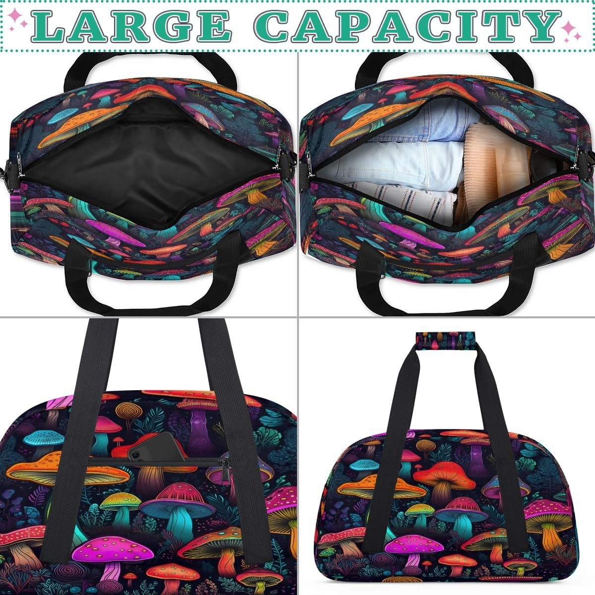 Psychedelic Mushrooms Kids Overnighter Duffel Bags for Boys, Carry-On Size Sports Gym Bag with Front Zipper Pocket for School Practice or Overnight Travel Weekender Sleepover Tote Bag
