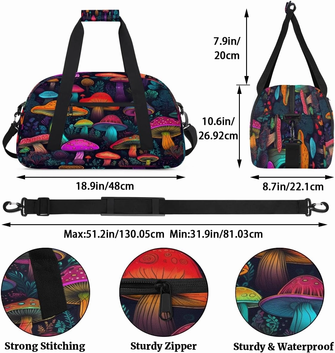 Psychedelic Mushrooms Kids Overnighter Duffel Bags for Boys, Carry-On Size Sports Gym Bag with Front Zipper Pocket for School Practice or Overnight Travel Weekender Sleepover Tote Bag