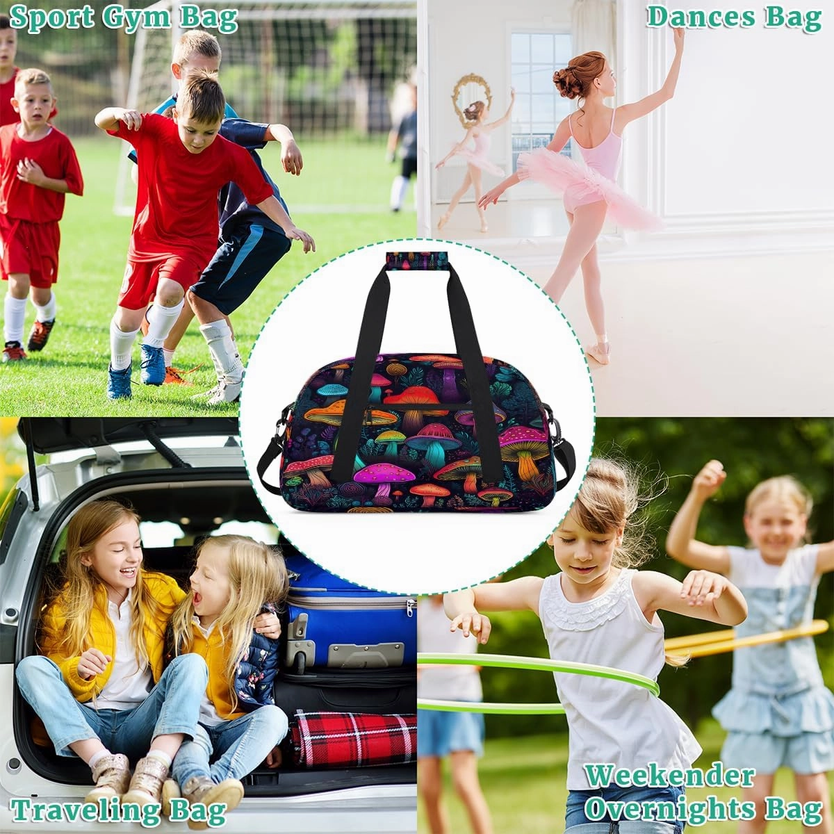 Psychedelic Mushrooms Kids Overnighter Duffel Bags for Boys, Carry-On Size Sports Gym Bag with Front Zipper Pocket for School Practice or Overnight Travel Weekender Sleepover Tote Bag