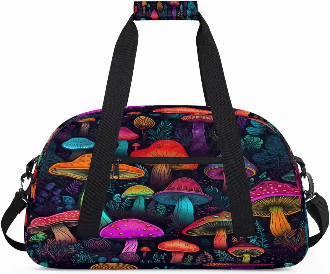 Psychedelic Mushrooms Kids Overnighter Duffel Bags for Boys, Carry-On Size Sports Gym Bag with Front Zipper Pocket for School Practice or Overnight Travel Weekender Sleepover Tote Bag
