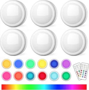 Puck Lights with Remote Control, Battery Operated LED Push Light Wireless, 13 Color RGB - for Closet, Bedroom Wall, Under Cabinet, Battery Powered Puck Lights. Convenient 3M Stick On, 6 Pack