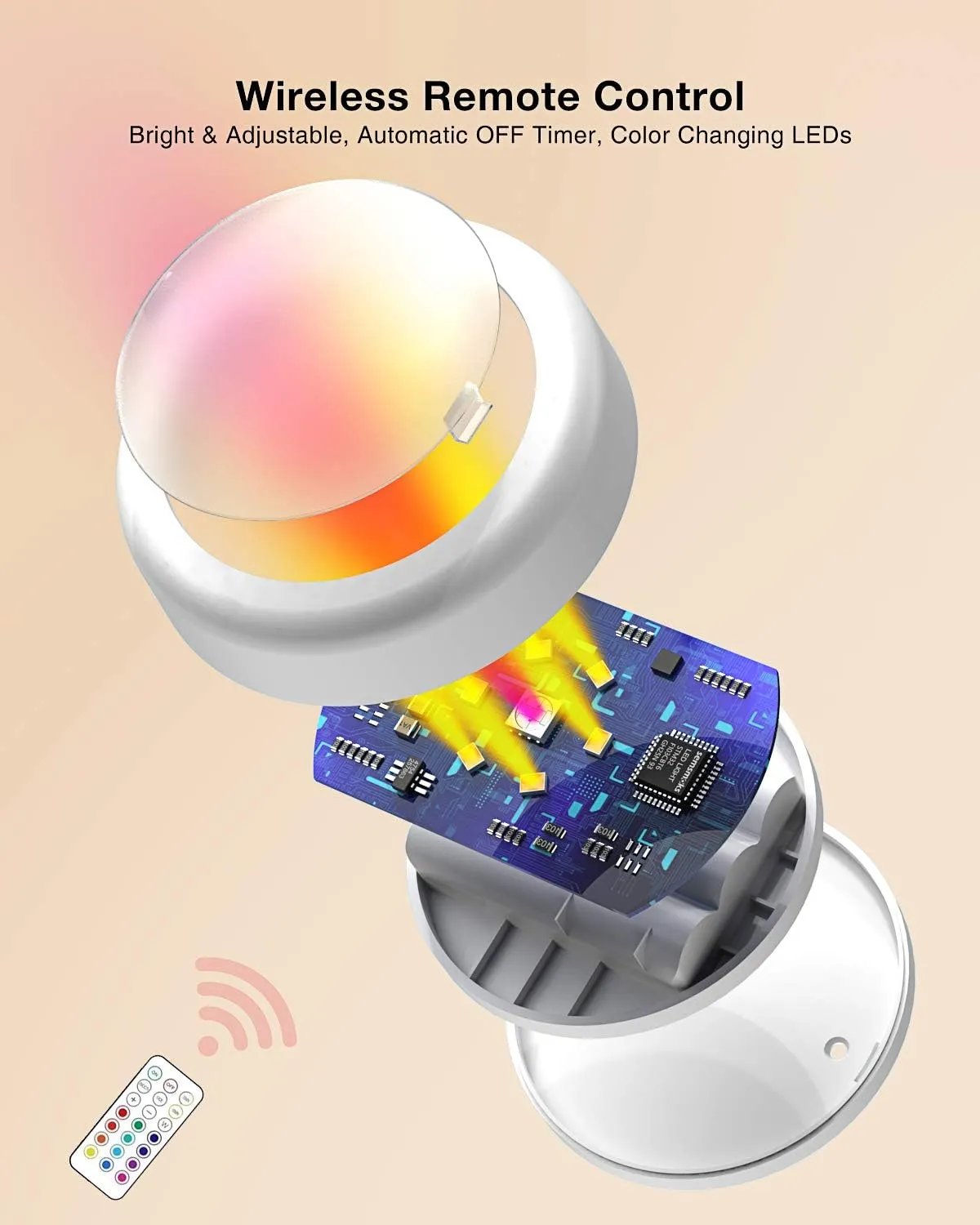 Puck Lights with Remote Control, Battery Operated LED Push Light Wireless, 13 Color RGB - for Closet, Bedroom Wall, Under Cabinet, Battery Powered Puck Lights. Convenient 3M Stick On, 6 Pack