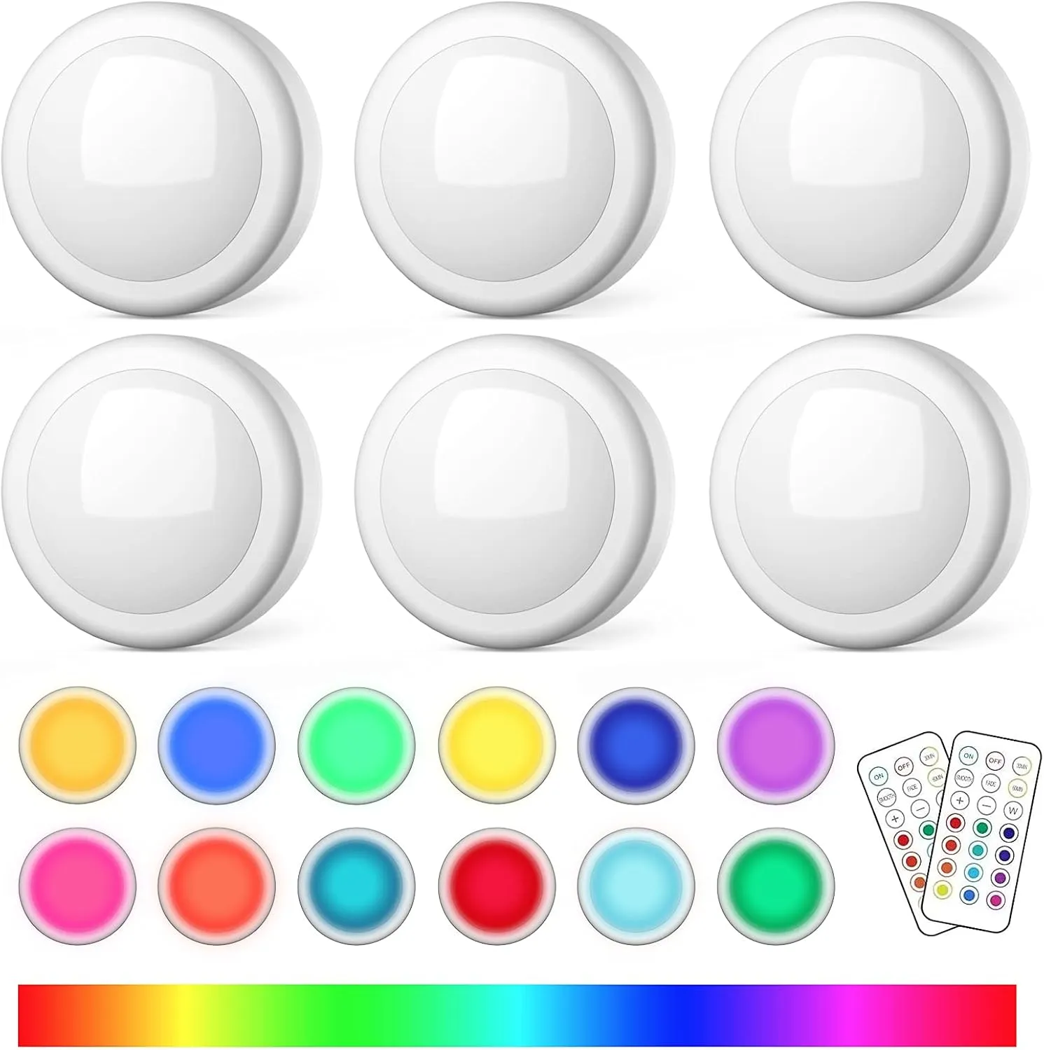 Puck Lights with Remote Control, Battery Operated LED Push Light Wireless, 13 Color RGB - for Closet, Bedroom Wall, Under Cabinet, Battery Powered Puck Lights. Convenient 3M Stick On, 6 Pack