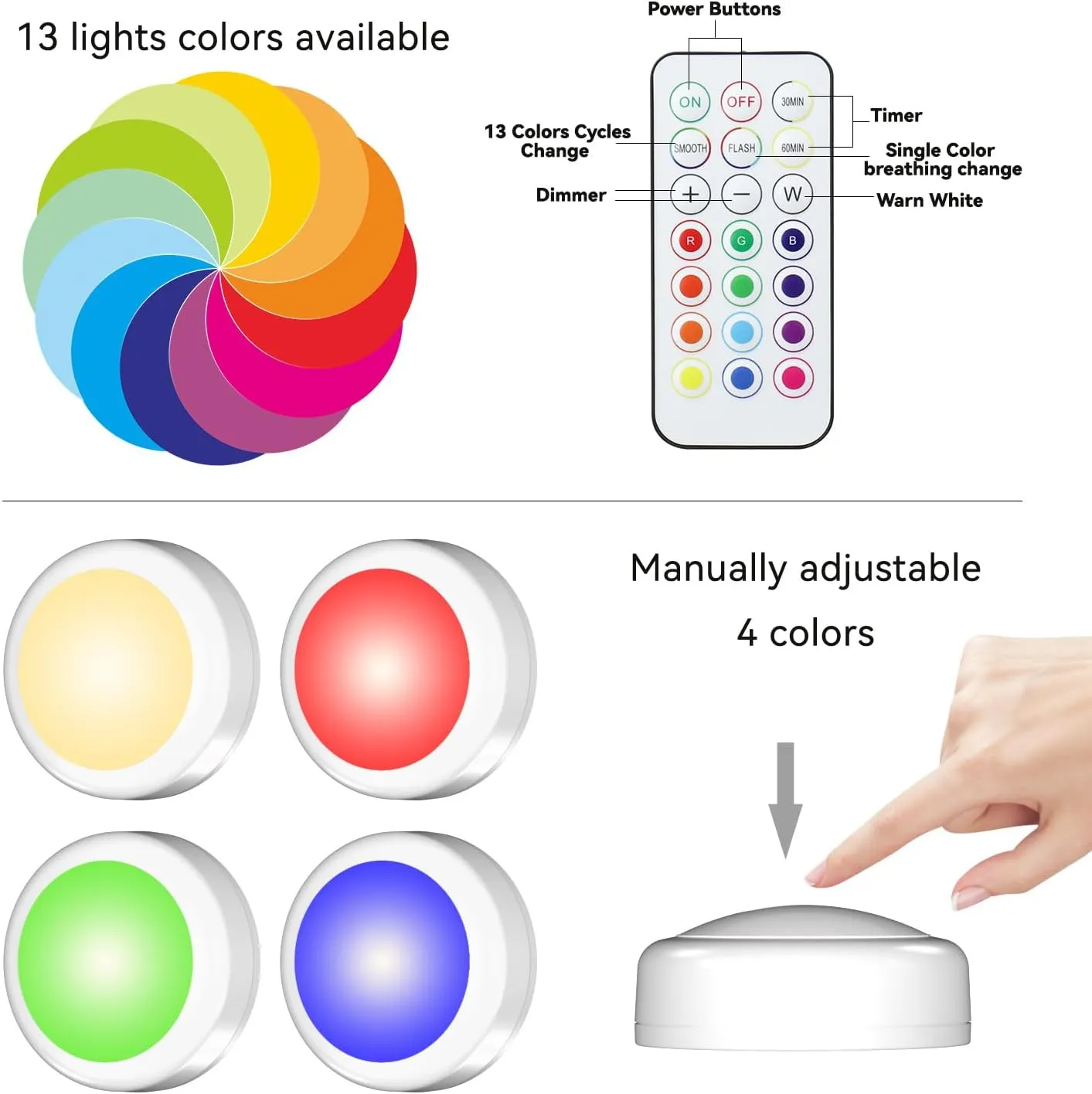Puck Lights with Remote Control, Battery Operated LED Push Light Wireless, 13 Color RGB - for Closet, Bedroom Wall, Under Cabinet, Battery Powered Puck Lights. Convenient 3M Stick On, 6 Pack