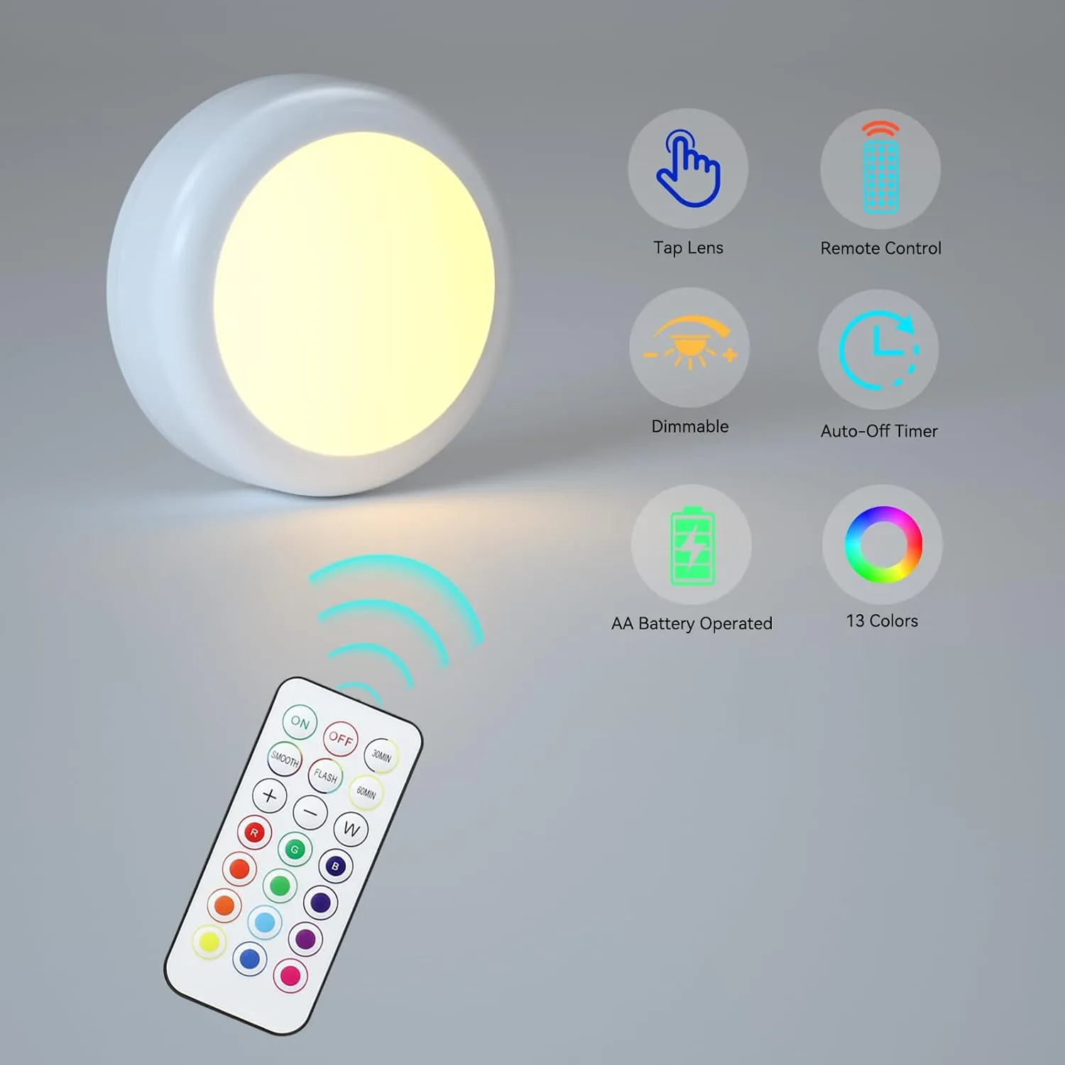 Puck Lights with Remote Control, Battery Operated LED Push Light Wireless, 13 Color RGB - for Closet, Bedroom Wall, Under Cabinet, Battery Powered Puck Lights. Convenient 3M Stick On, 6 Pack