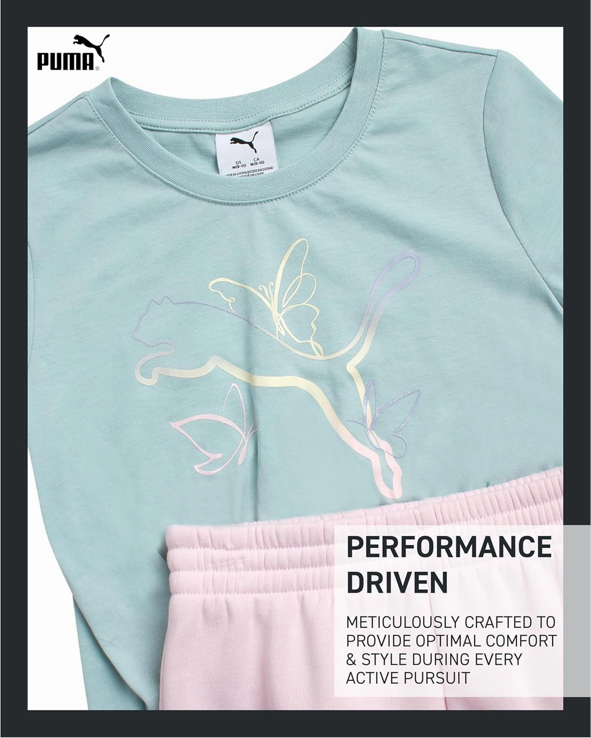 PUMA Girls' Active Shorts Set - 2 Piece Performance T-Shirt and Gym Shorts or Bike Shorts - Athletic Outfit for Girls (7-14)
