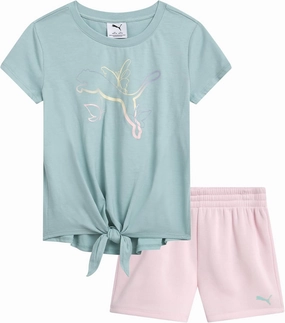 PUMA Girls' Active Shorts Set - 2 Piece Performance T-Shirt and Gym Shorts or Bike Shorts - Athletic Outfit for Girls (7-14)