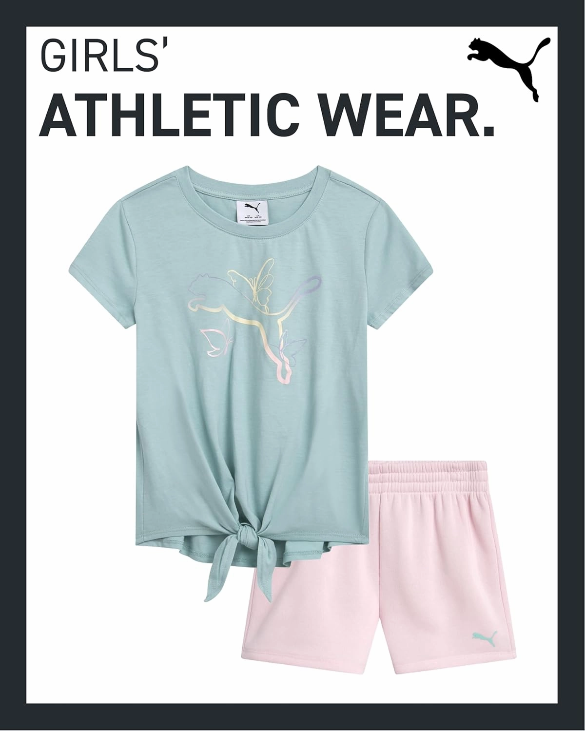 PUMA Girls' Active Shorts Set - 2 Piece Performance T-Shirt and Gym Shorts or Bike Shorts - Athletic Outfit for Girls (7-14)