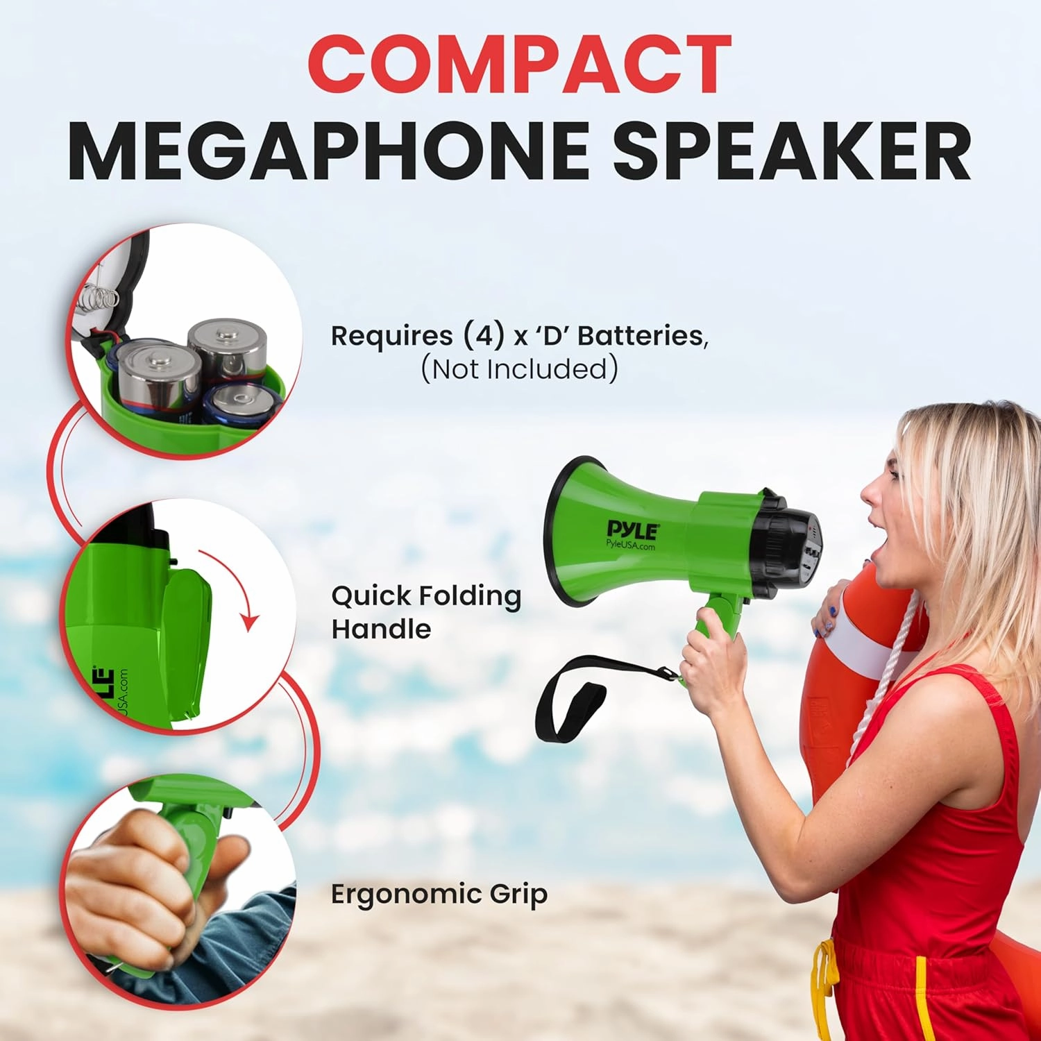 Pyle Compact Battery-Operated Megaphone with Siren - 30 Watt Power, Microphone, 2 Modes, PA Sound, Bullhorn, Foldable Handle for Cheerleading, Police Use (Green)