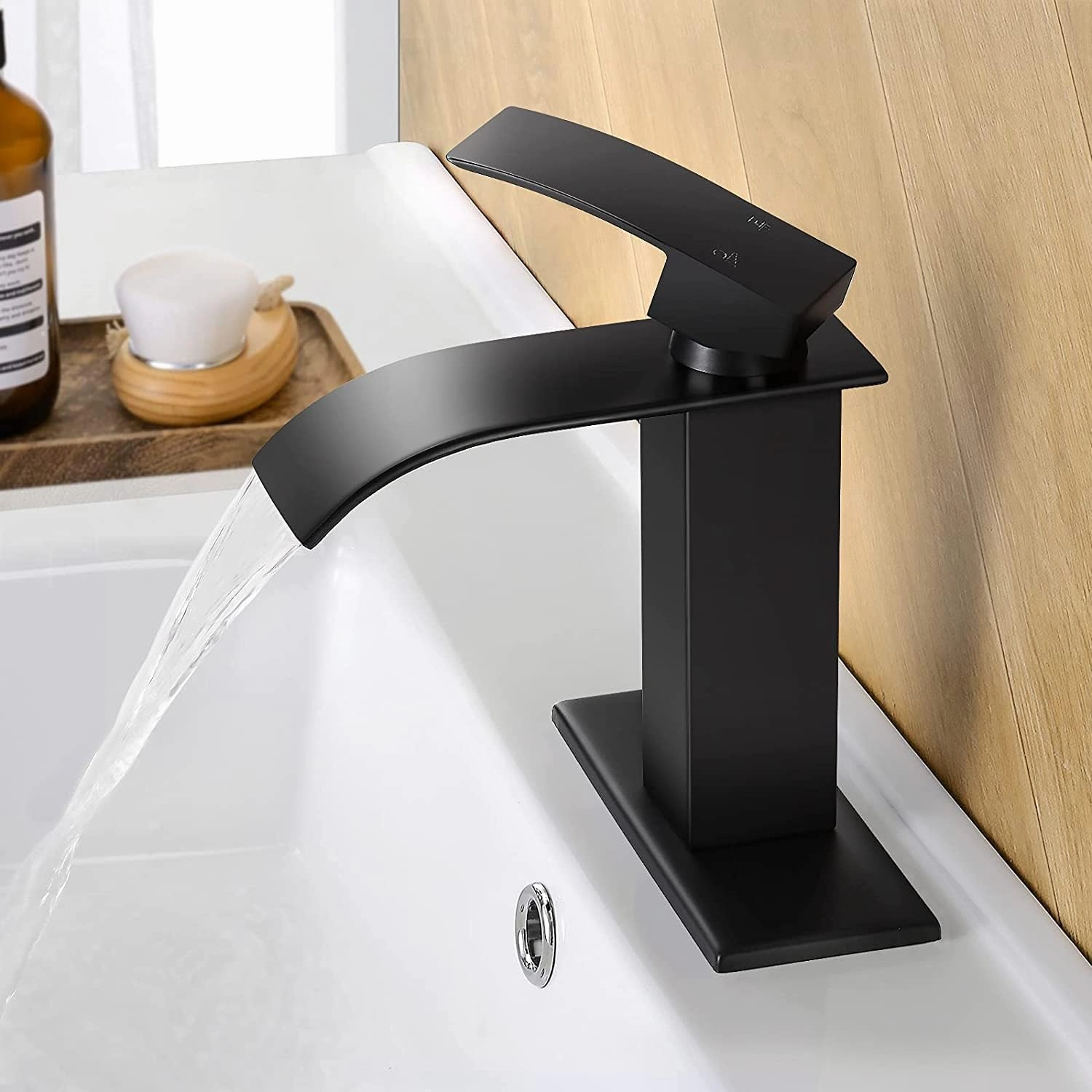 Qomolangma Black Waterfall Spout Bathroom Faucet, Single Handle Vanity Sink, Rv Lavatory Vessel Faucet Suitable for 1 or 3 Holes with 6 Inch Deck Plate & Hose Matte Black