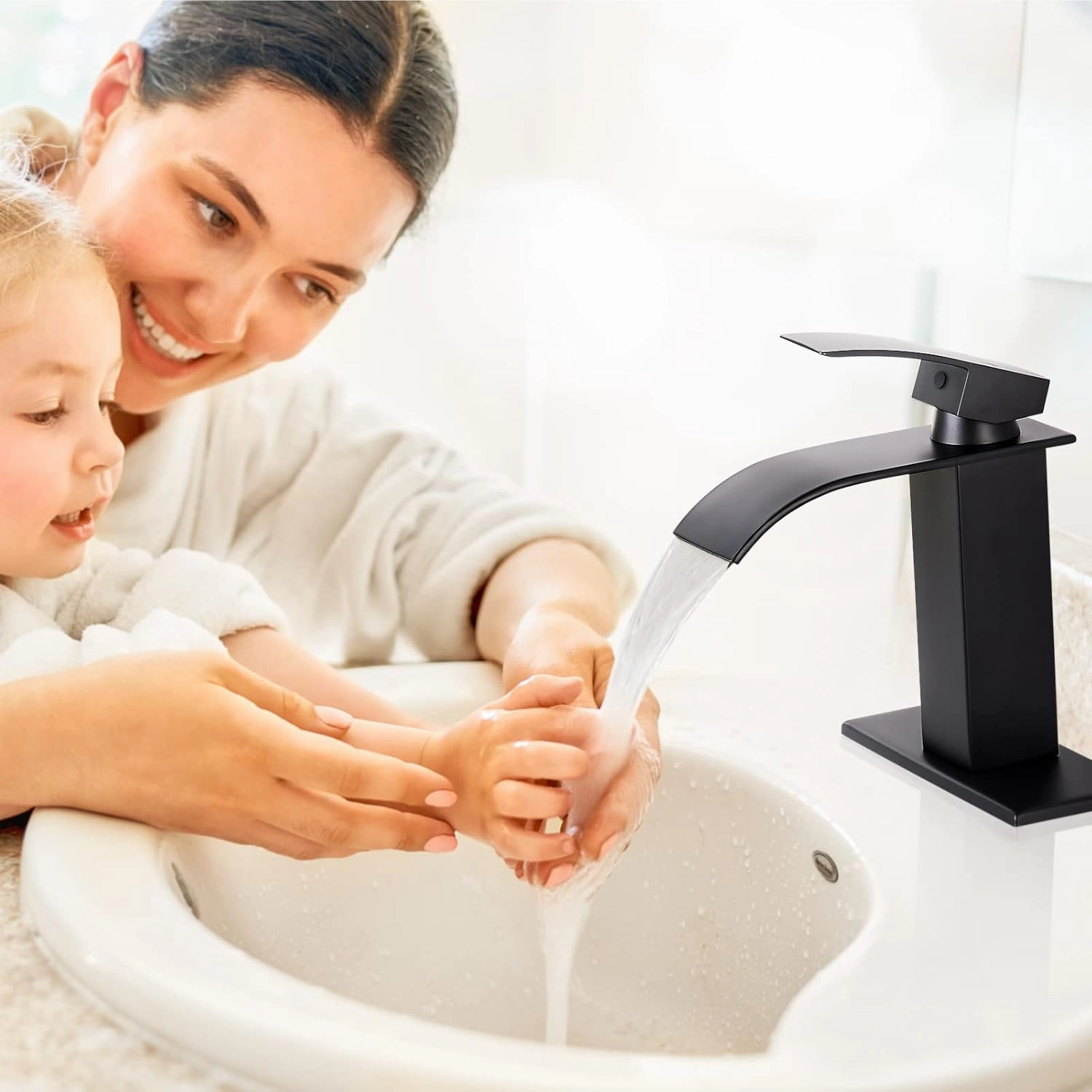 Qomolangma Black Waterfall Spout Bathroom Faucet, Single Handle Vanity Sink, Rv Lavatory Vessel Faucet Suitable for 1 or 3 Holes with 6 Inch Deck Plate & Hose Matte Black