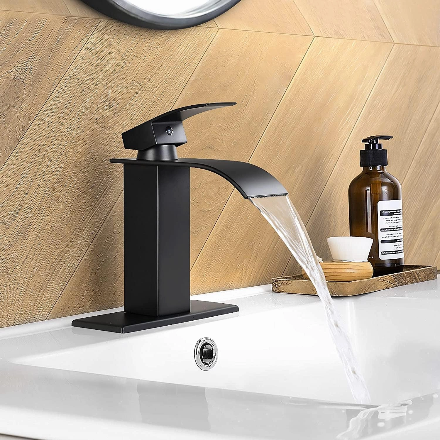 Qomolangma Black Waterfall Spout Bathroom Faucet, Single Handle Vanity Sink, Rv Lavatory Vessel Faucet Suitable for 1 or 3 Holes with 6 Inch Deck Plate & Hose Matte Black