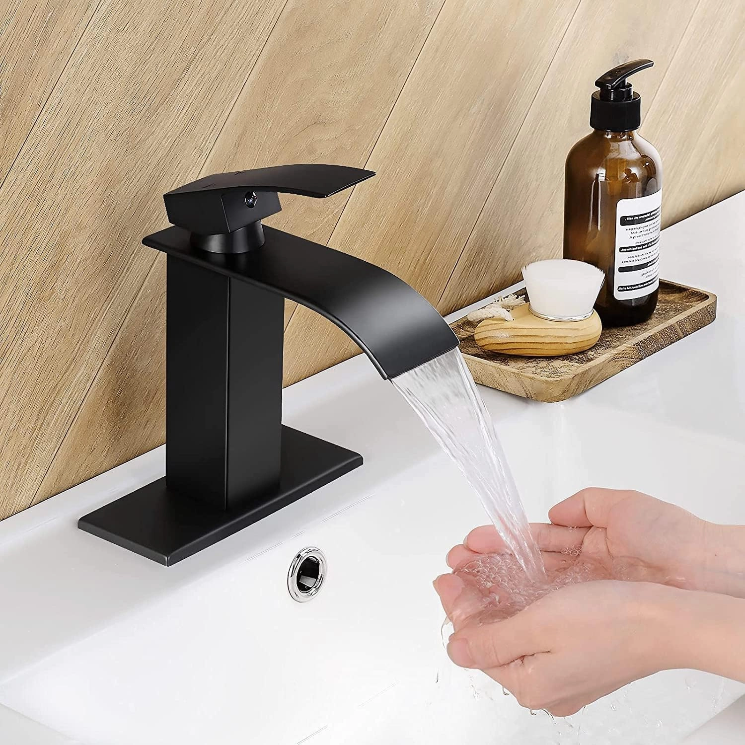 Qomolangma Black Waterfall Spout Bathroom Faucet, Single Handle Vanity Sink, Rv Lavatory Vessel Faucet Suitable for 1 or 3 Holes with 6 Inch Deck Plate & Hose Matte Black