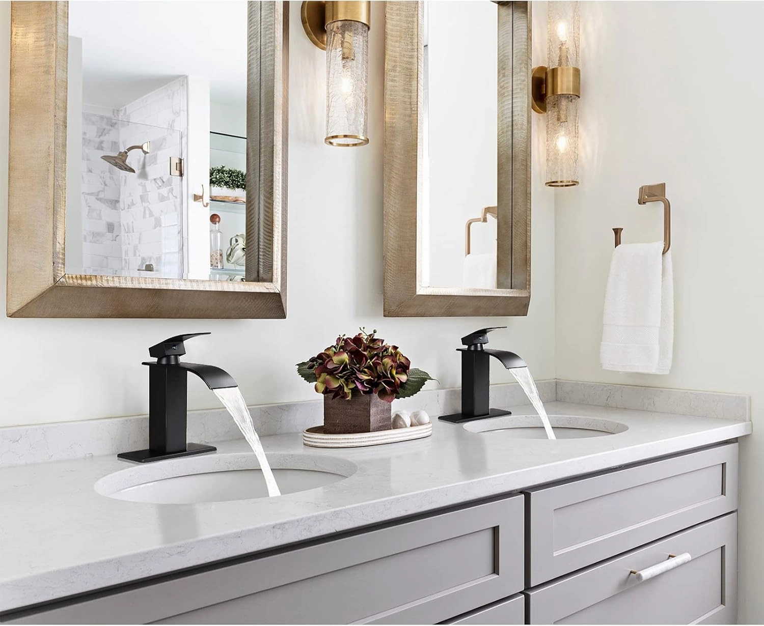 Qomolangma Black Waterfall Spout Bathroom Faucet, Single Handle Vanity Sink, Rv Lavatory Vessel Faucet Suitable for 1 or 3 Holes with 6 Inch Deck Plate & Hose Matte Black