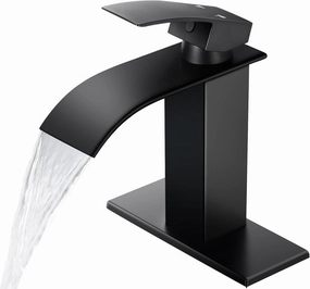 Qomolangma Black Waterfall Spout Bathroom Faucet, Single Handle Vanity Sink, Rv Lavatory Vessel Faucet Suitable for 1 or 3 Holes with 6 Inch Deck Plate & Hose Matte Black