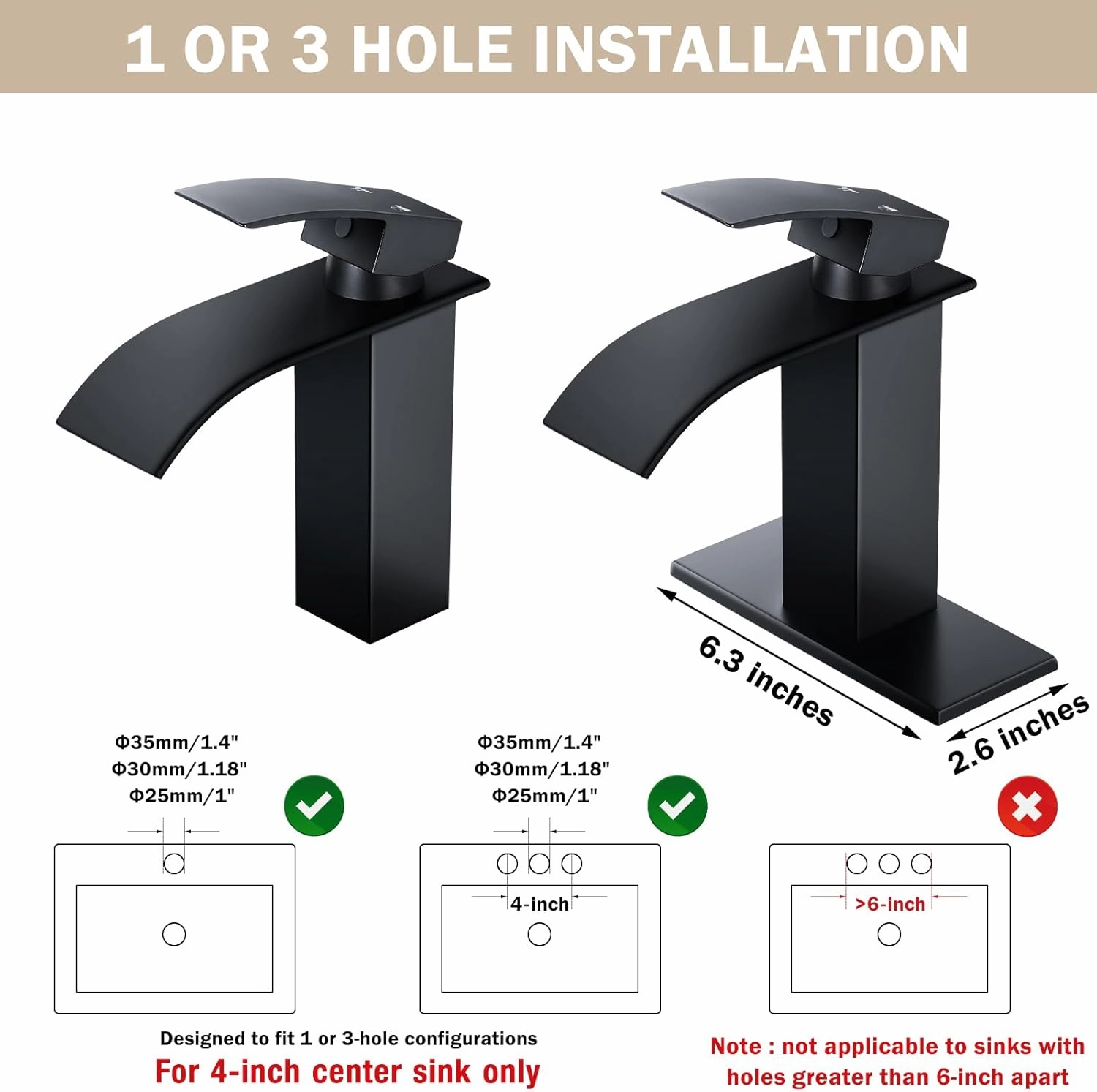 Qomolangma Black Waterfall Spout Bathroom Faucet, Single Handle Vanity Sink, Rv Lavatory Vessel Faucet Suitable for 1 or 3 Holes with 6 Inch Deck Plate & Hose Matte Black