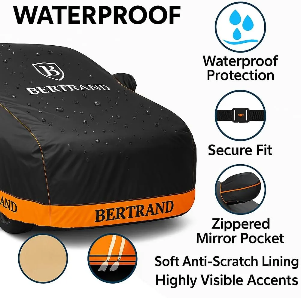Quality Car Cover – Waterproof, Multi-Layer, All Weather Protection, Full Vehicle Cover for Sedans & SUVs, UV Resistant, Windproof Straps, Hail Protection – Universal Fit, Black-Orange (M)
