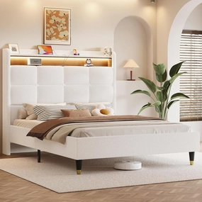 Queen Bed Frame with Headboard, 51" Tall Teddy Fleece Wingback Tufted Upholstered Platform Bed, LED Lights&USB/Type-C Port and Double Storage Shelf, No Box Spring Needed, Easy Assembly, White