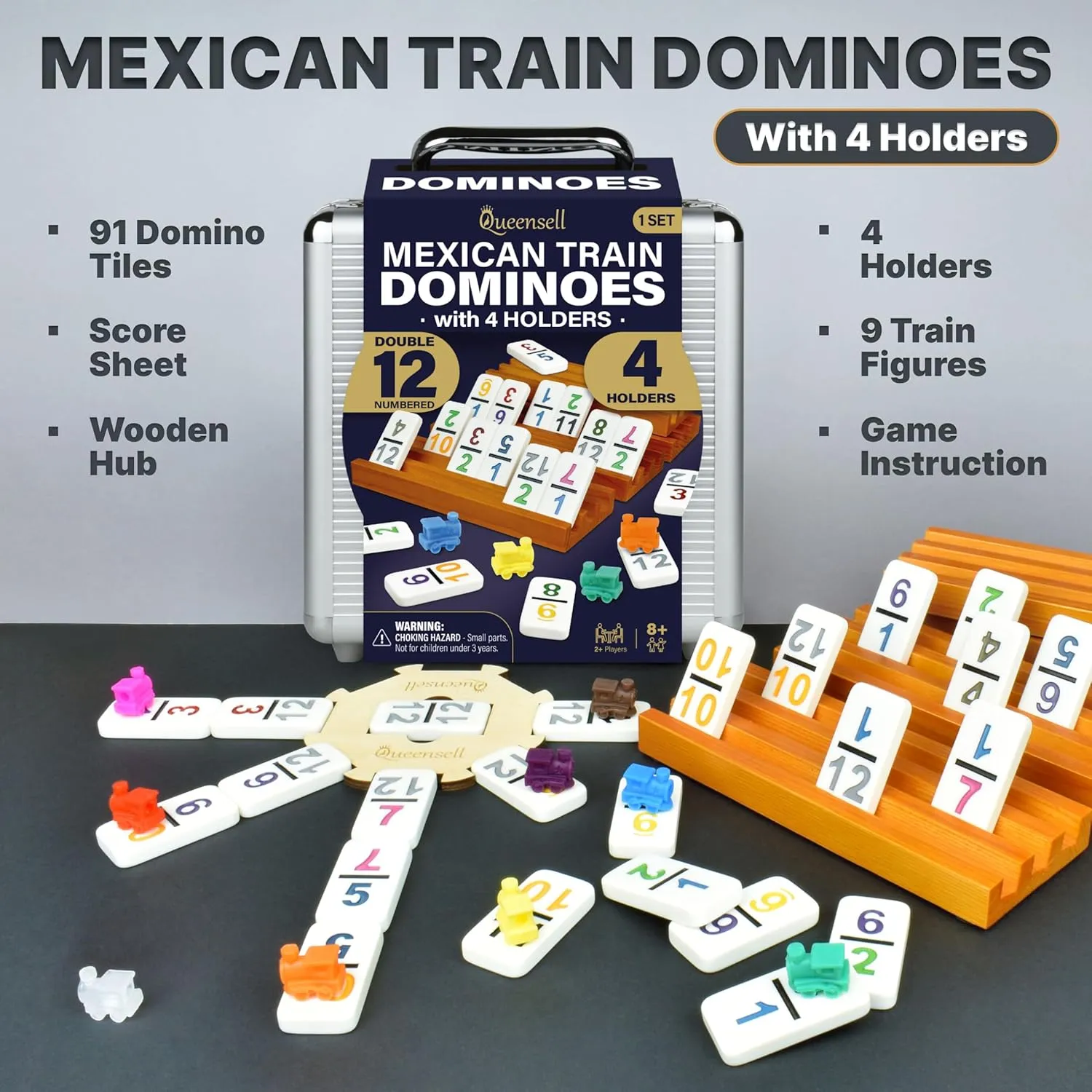 Queensell Mexican Train Dominoes Set with Numbers and 4 Holders - Wooden Hub and Domino Holders - Double 12 with Numbers (D12 Numbers   4 Holders)