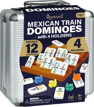 Queensell Mexican Train Dominoes Set with Numbers and 4 Holders - Wooden Hub and Domino Holders - Double 12 with Numbers (D12 Numbers   4 Holders)