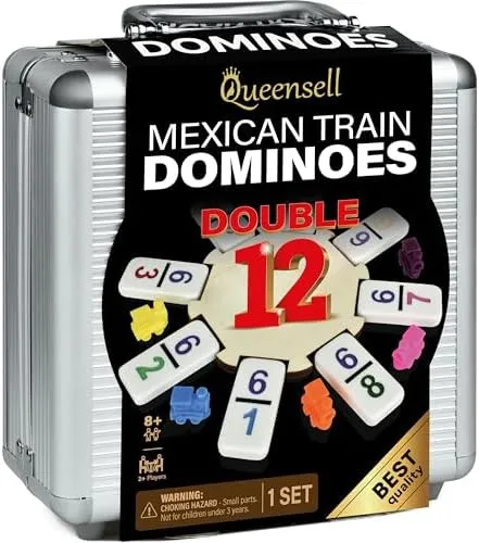 Queensell Mexican Train Dominoes Set with Numbers, Double 12 Dominoes Set for Adults, Mexican Dominoes Train for Adults and Family - Dominos Set 91 Tiles with Aluminum Case (Double 12 Numbers)