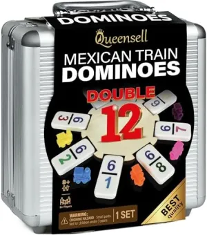 Queensell Mexican Train Dominoes Set with Numbers, Double 12 Dominoes Set for Adults, Mexican Dominoes Train for Adults and Family - Dominos Set 91 Tiles with Aluminum Case (Double 12 Numbers)