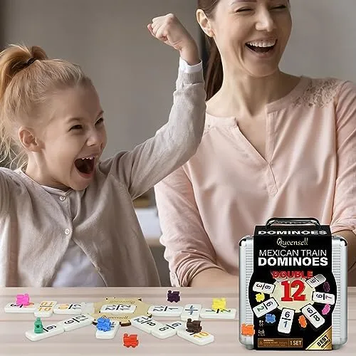 Queensell Mexican Train Dominoes Set with Numbers, Double 12 Dominoes Set for Adults, Mexican Dominoes Train for Adults and Family - Dominos Set 91 Tiles with Aluminum Case (Double 12 Numbers)