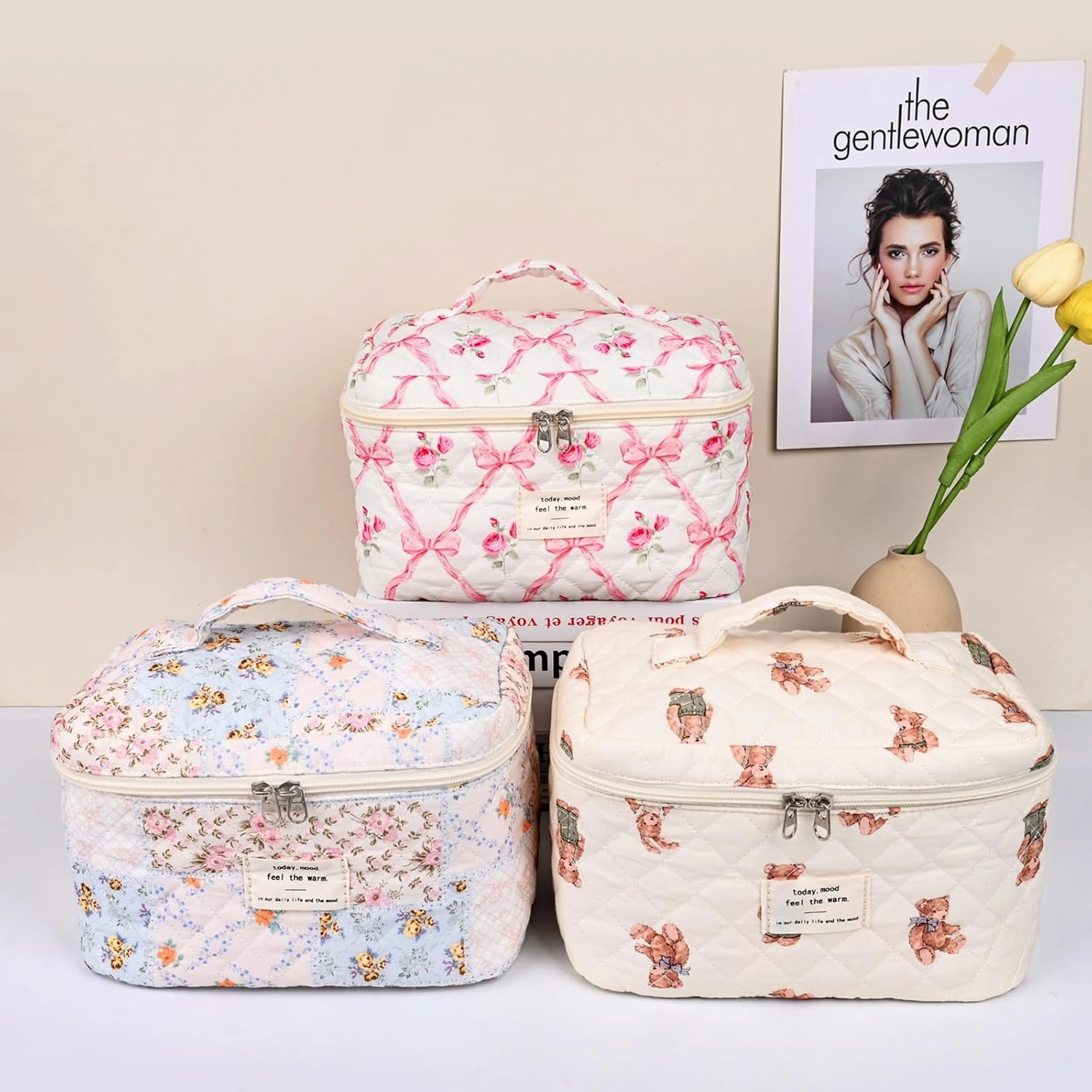 Quilted Makeup Bag,Large Cosmetics Bag Set,Cotton Coquette Floral Make up Pouch,Travel Toiletry Bag for Women
