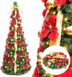 "Decoway Pre Lit Pre Decorated Christmas Tree Pop Up Christmas Tree with Remote Control, with Warm White & Colorful LED Lights, Holiday Party Decorations, Red Gold (7ft 6in, Vertical Ribbon)