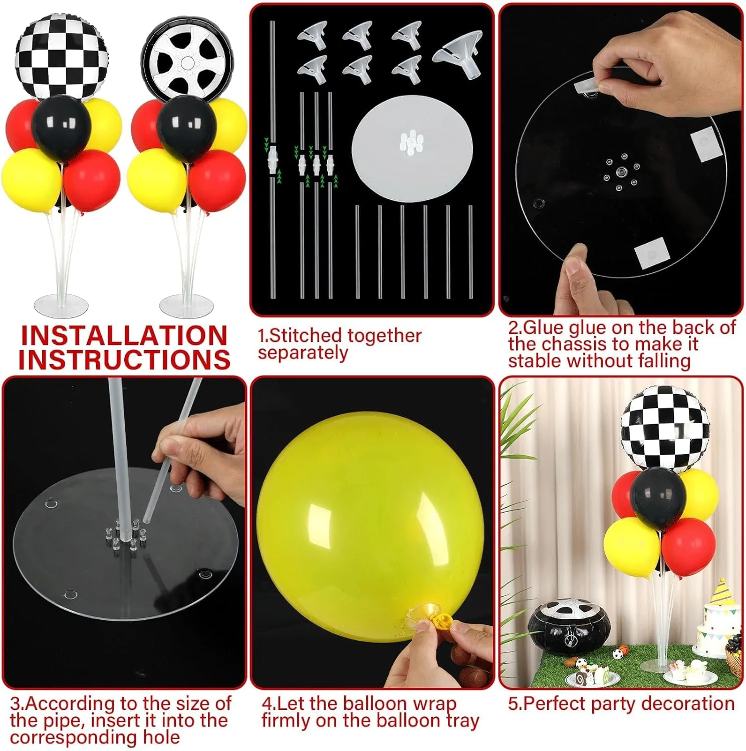 Race Car Party Balloons Stand Kit 2 Sets With 2 Checkered Foil Balloon Racing car Party Balloon Red Black Yellow Race Car Birthday Party Decor Set For Boys Let's go Racing New Year Party Decorations