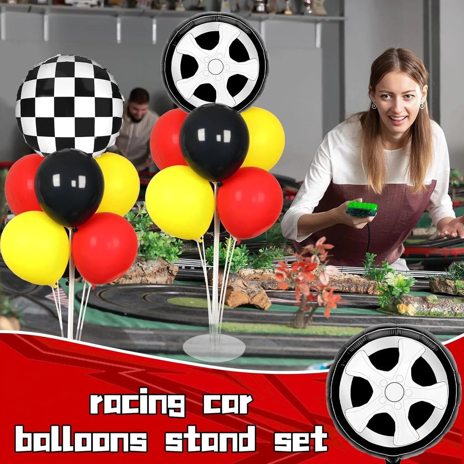 Race Car Party Balloons Stand Kit 2 Sets With 2 Checkered Foil Balloon Racing car Party Balloon Red Black Yellow Race Car Birthday Party Decor Set For Boys Let's go Racing New Year Party Decorations