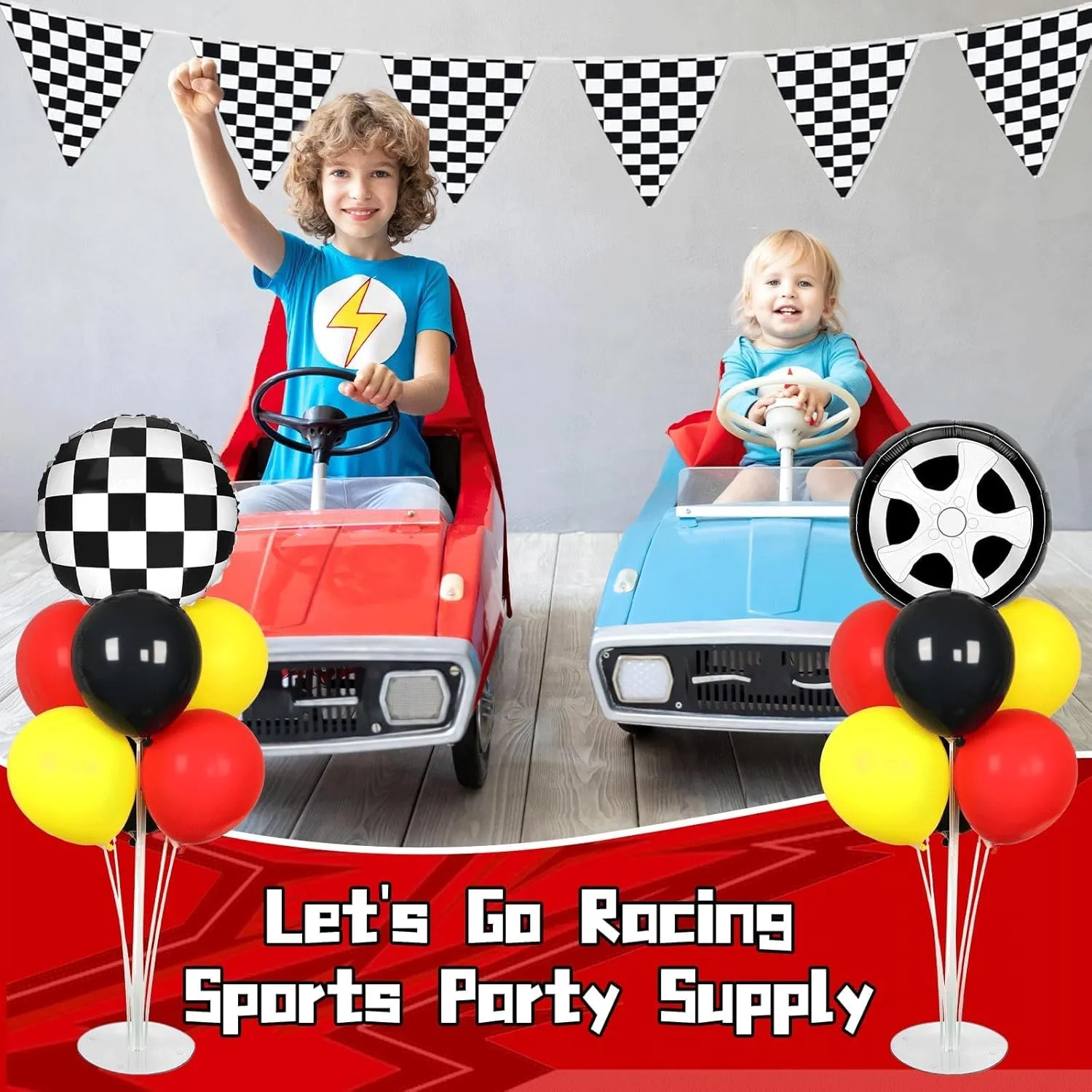 Race Car Party Balloons Stand Kit 2 Sets With 2 Checkered Foil Balloon Racing car Party Balloon Red Black Yellow Race Car Birthday Party Decor Set For Boys Let's go Racing New Year Party Decorations