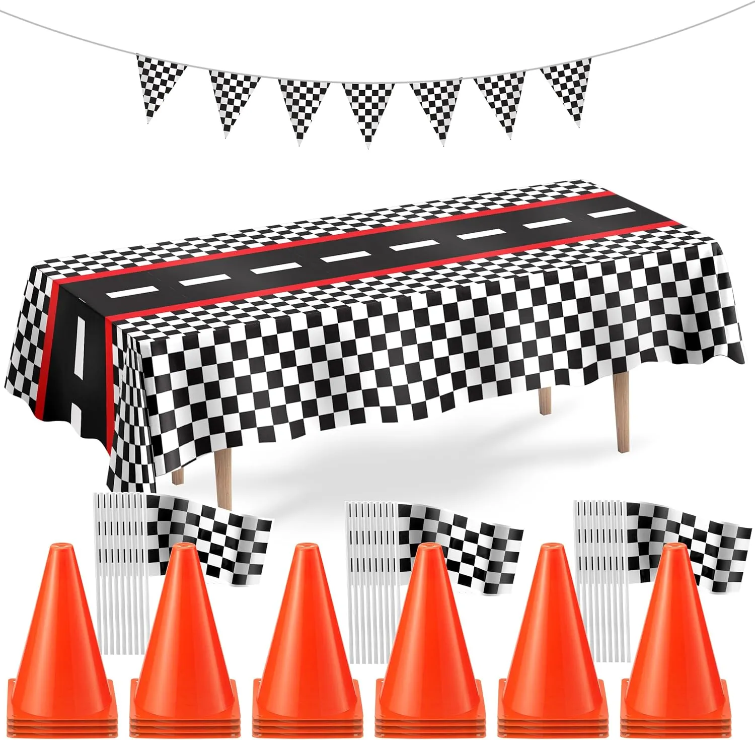 Racing Cars Birthday Decorations - Racecar Centerpiece Decoration Kit for Kids - (12) Orange Traffic Cones, (24) Checkered Flags, Plastic Tablecloth (54"x108") Birthday Banner Race Car Theme (38pcs)