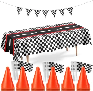 Racing Cars Birthday Decorations - Racecar Centerpiece Decoration Kit for Kids - (12) Orange Traffic Cones, (24) Checkered Flags, Plastic Tablecloth (54"x108") Birthday Banner Race Car Theme (38pcs)
