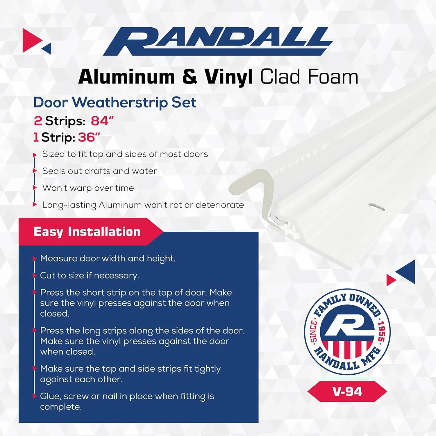 Randall Manufacturing Co., Inc | Aluminum and Q-LON Weatherstrip Doorstop Set | 2 – 84” Side Pieces & 1 – 36” Top Piece | White | Easy Installation | Made in The USA