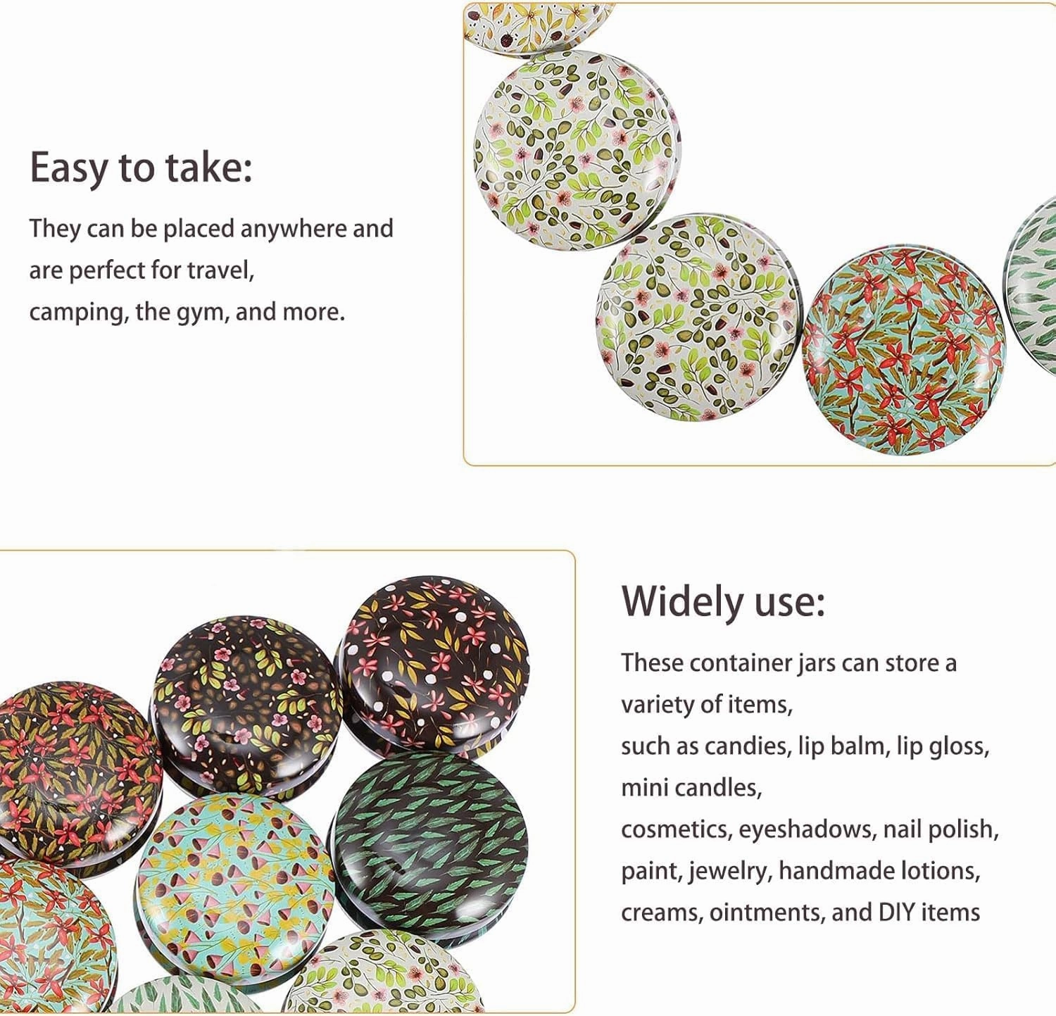 Rarapop 24 Pack Reusable Mini Round Tinplate Candle Tin Jars with Lids, 20ml Small Flower Travel Tin Cans Refillable Empty Container Bottle for Lip Balm, Salve, Eye Shadow, Powder