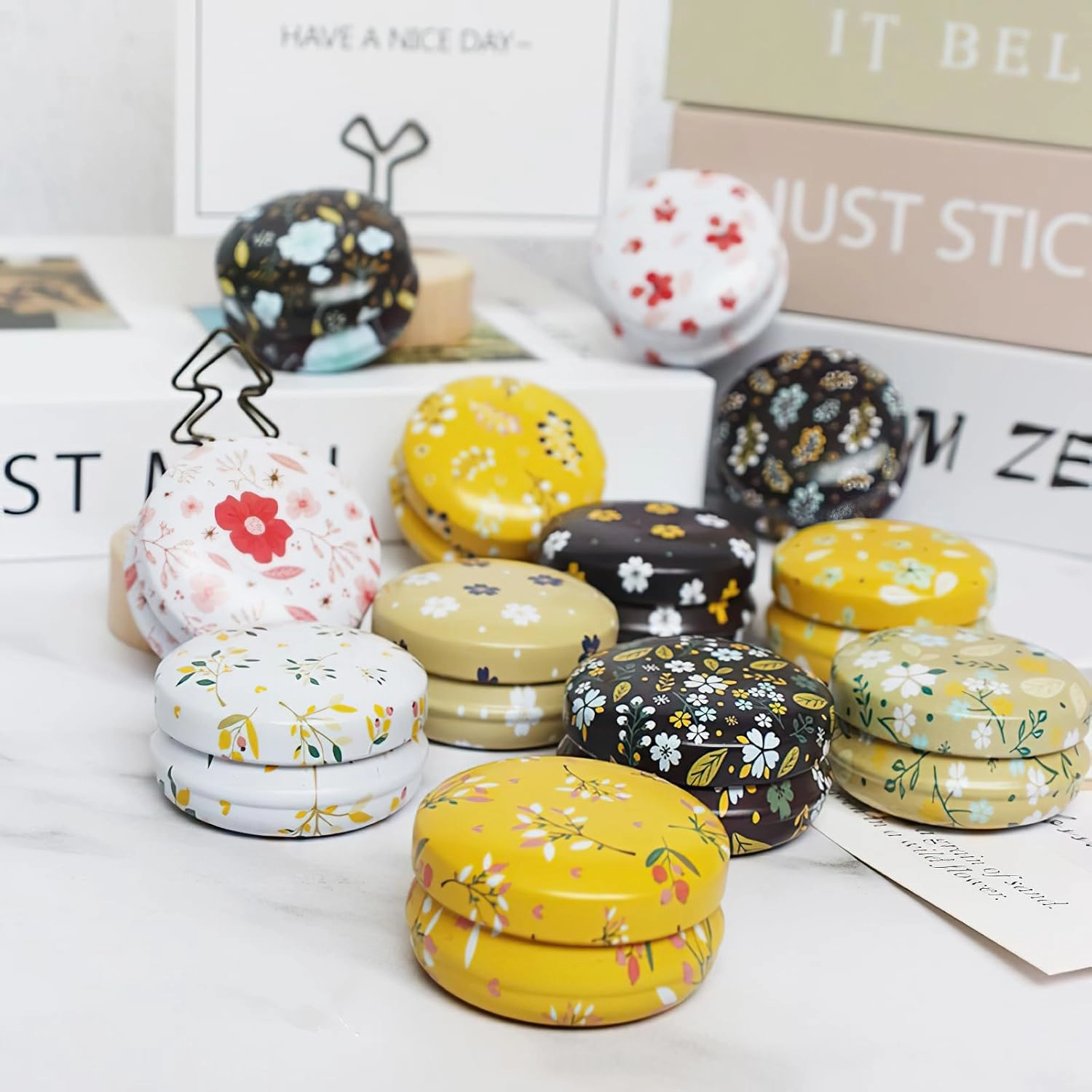 Rarapop 24 Pack Reusable Mini Round Tinplate Candle Tin Jars with Lids, 20ml Small Flower Travel Tin Cans Refillable Empty Container Bottle for Lip Balm, Salve, Eye Shadow, Powder