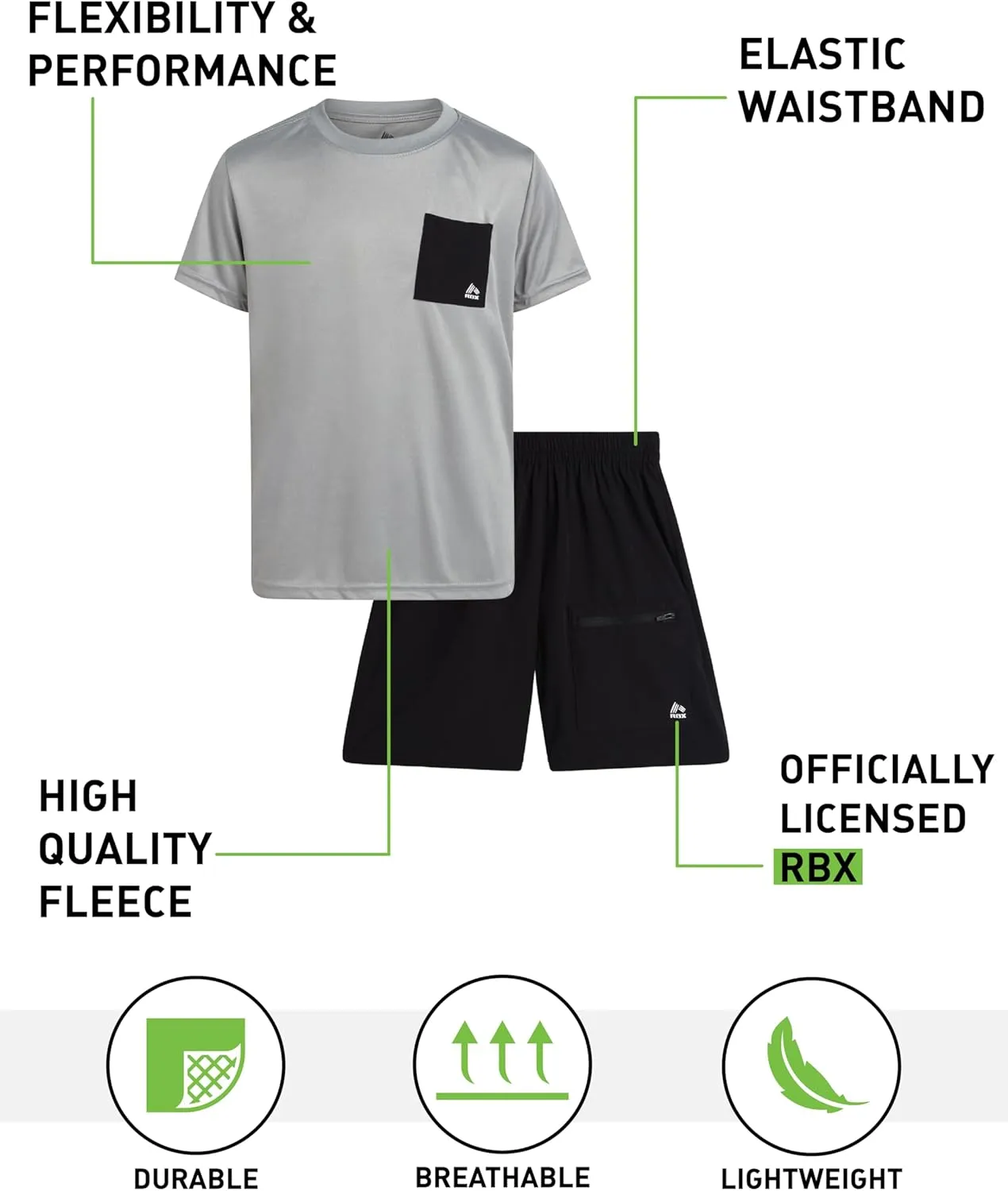 RBX Boys Athletic Shorts Set - 2 Piece Active Short Sleeve Shirt and Woven Performance Running Tech Shorts for Boys (4-12)