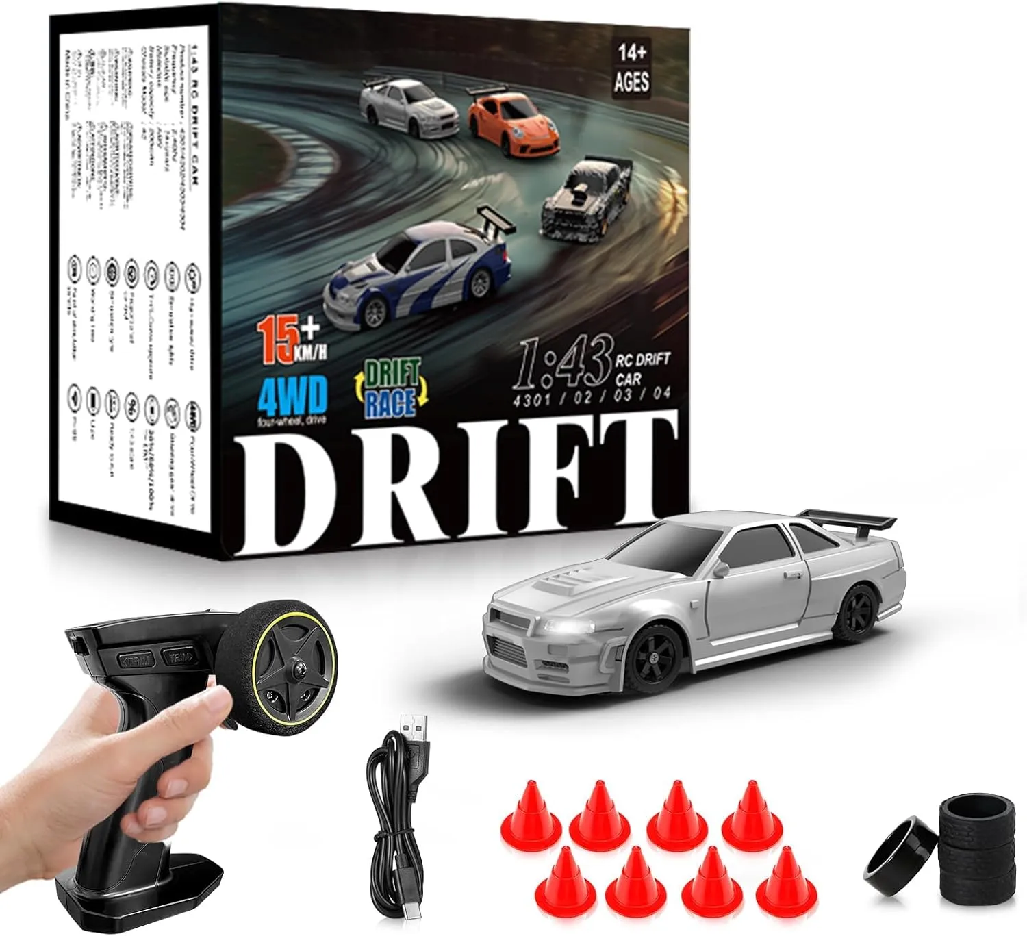 RC Drift Car, 1/43 Mini RC Drift Car with Gyroscope, 2.4GHz Full Proportional Remote Control Cars, 4WD High Speed Racing with Lights, Racing Tires, Model Cars Gift for Adults, Kids, Boys, Girls