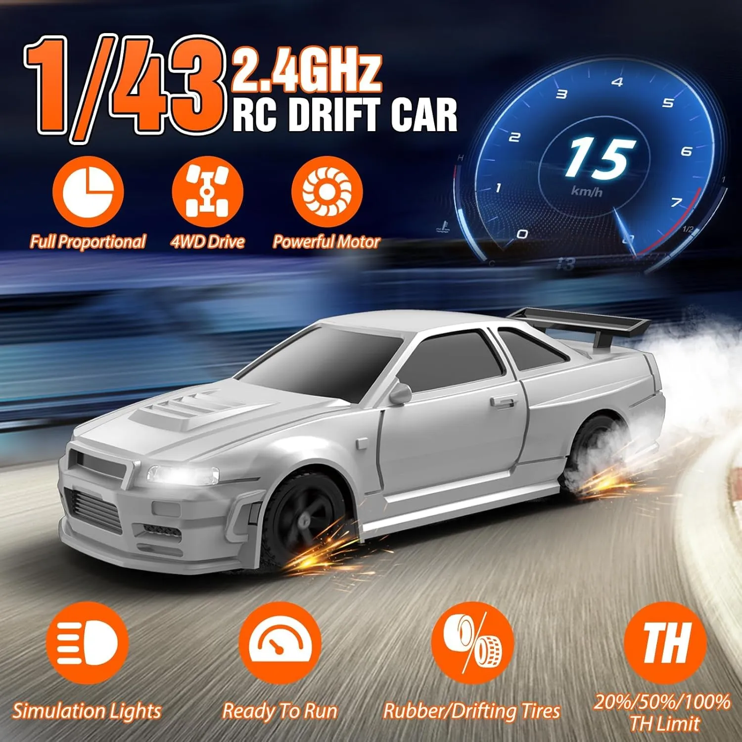 RC Drift Car, 1/43 Mini RC Drift Car with Gyroscope, 2.4GHz Full Proportional Remote Control Cars, 4WD High Speed Racing with Lights, Racing Tires, Model Cars Gift for Adults, Kids, Boys, Girls