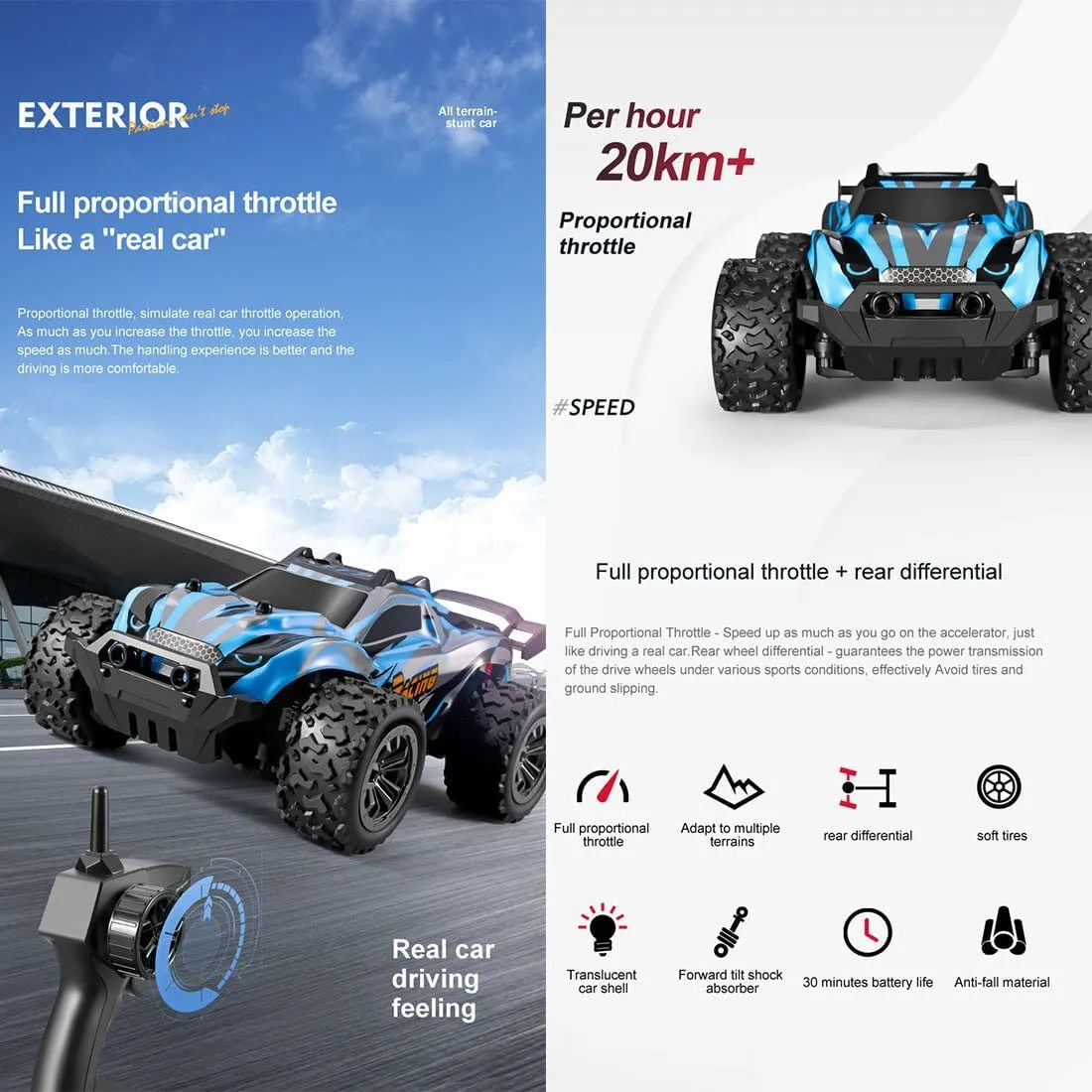RC Off Road Truck, 1/20 RWD 2.4G 20km/h  High Speed RC Remote Control Car, Mini Rc Car Hobby Toy Gift for Adults (RTR Version/Blue1)