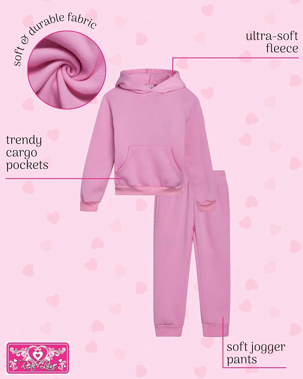 Real Love Girls' Jogger Set - 4 Piece Soft Fleece Pullover Hoodie and Jogger Pants for Toddler & Little Girls (2T-6X)