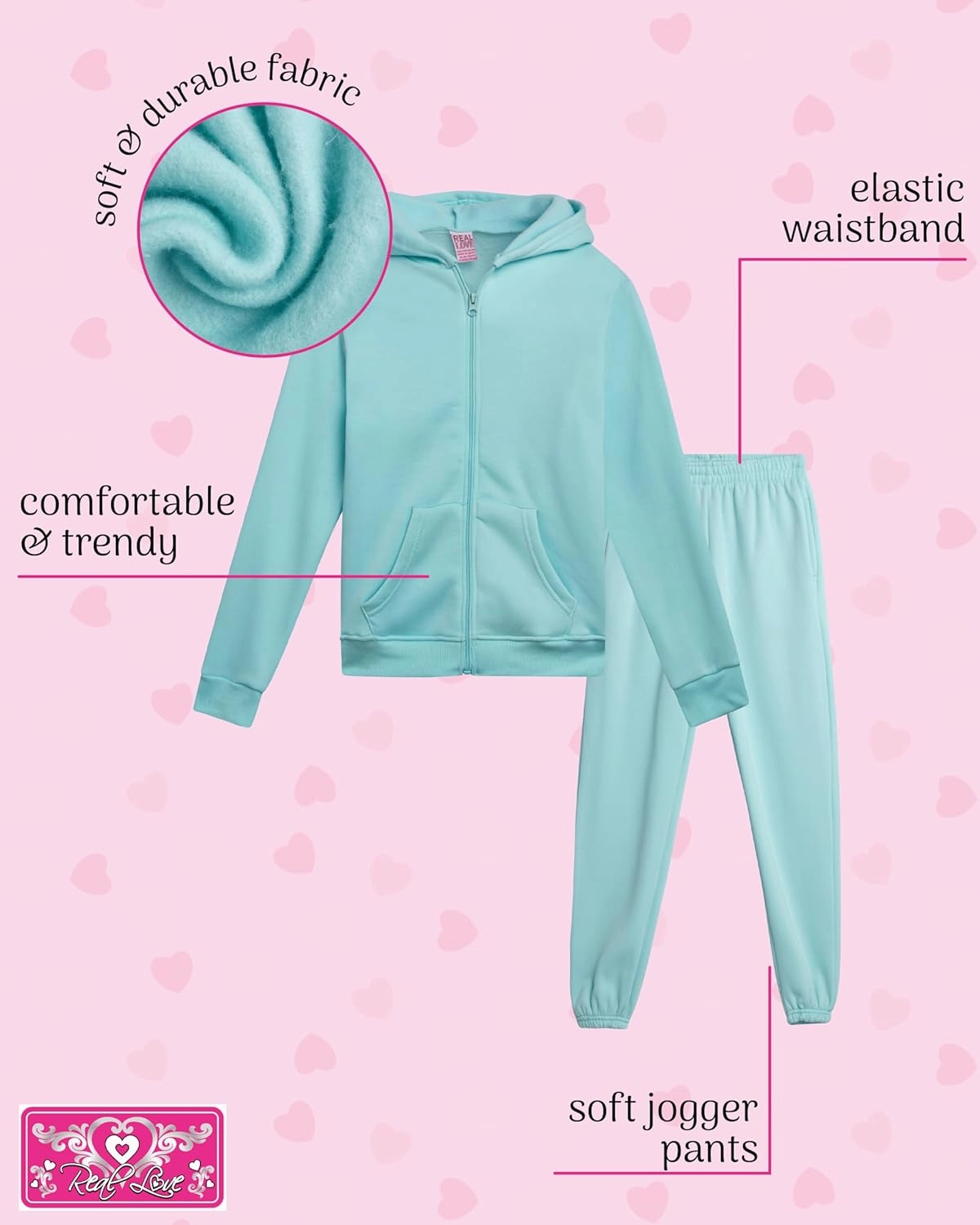 Real Love Girls' Jogger Set - 4 Piece Soft Fleece Full Zip Up Hoodie and Jogger Pants for Girls (7-16)