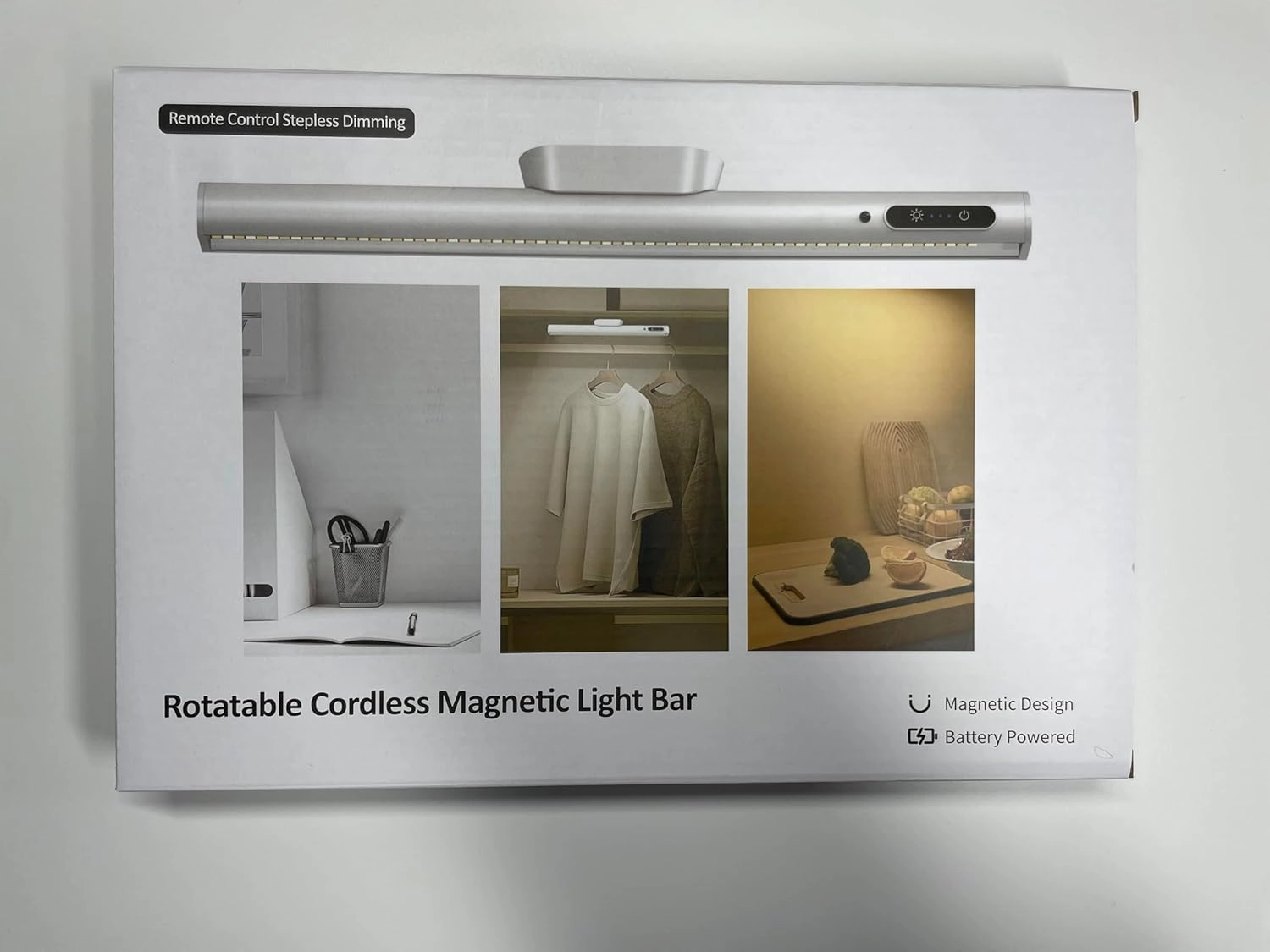 Rechargeable Magnetic LED Light Bar with Remote, Under Cabinet Lighting Wireless, Battery Powered Operated Wall Strip Lights, Dimmable Desk Lamp for Mirror Closet Bathroom Kitchen – White