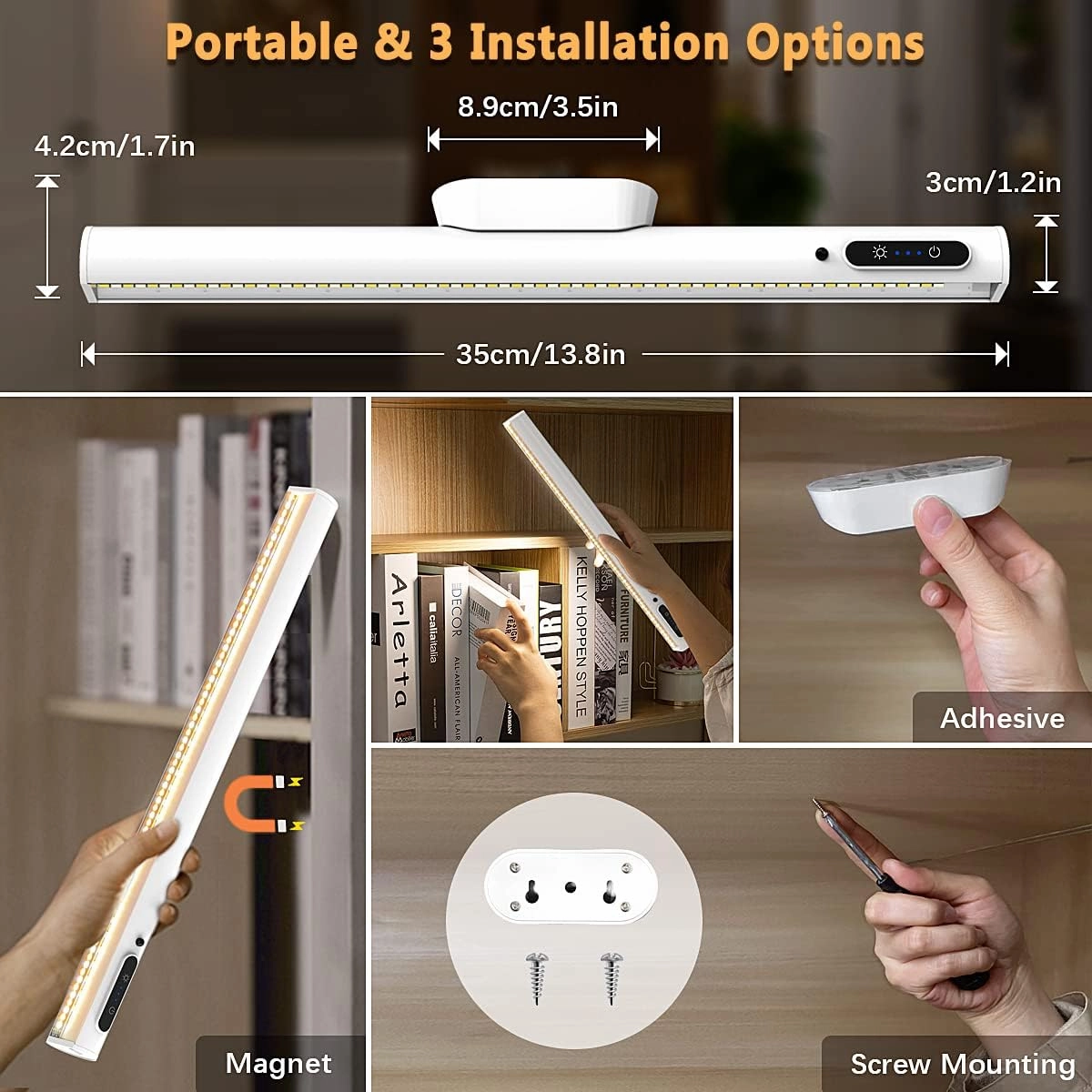 Rechargeable Magnetic LED Light Bar with Remote, Under Cabinet Lighting Wireless, Battery Powered Operated Wall Strip Lights, Dimmable Desk Lamp for Mirror Closet Bathroom Kitchen – White