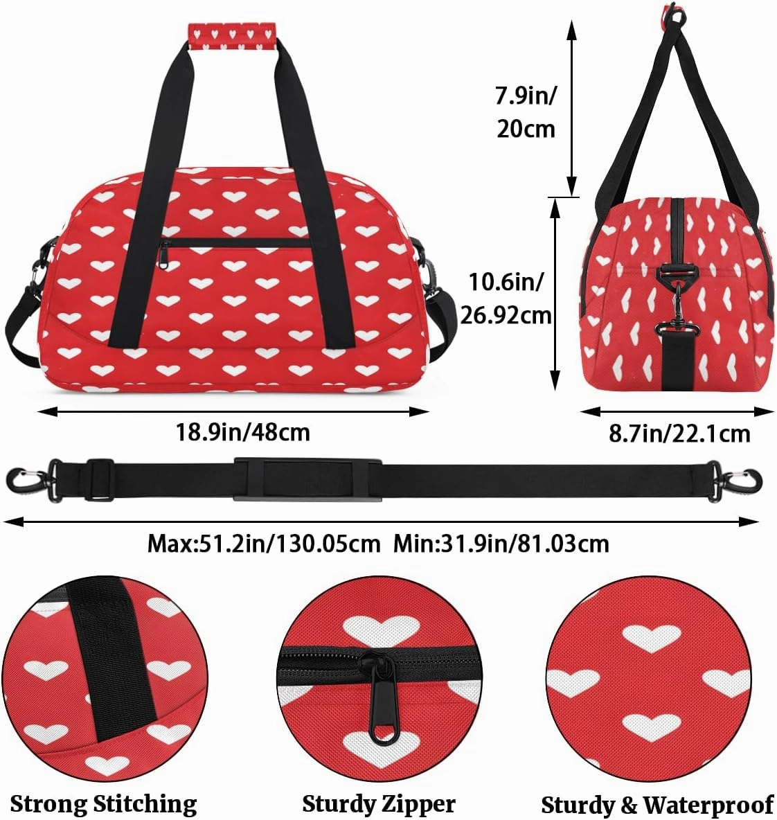 Red and White Hearts Kids Overnighter Duffel Bags for Boys, Carry-On Size Sports Gym Bag with Front Zipper Pocket for School Practice or Overnight Travel Weekender Sleepover Tote Bag