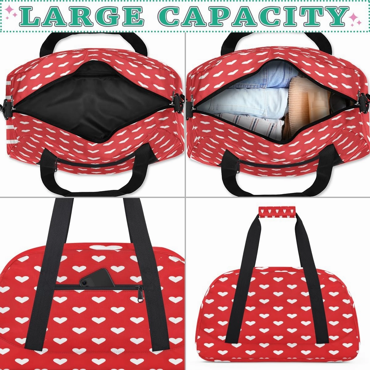 Red and White Hearts Kids Overnighter Duffel Bags for Boys, Carry-On Size Sports Gym Bag with Front Zipper Pocket for School Practice or Overnight Travel Weekender Sleepover Tote Bag
