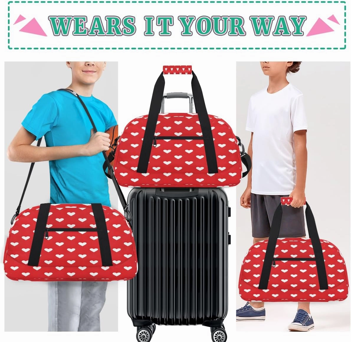 Red and White Hearts Kids Overnighter Duffel Bags for Boys, Carry-On Size Sports Gym Bag with Front Zipper Pocket for School Practice or Overnight Travel Weekender Sleepover Tote Bag