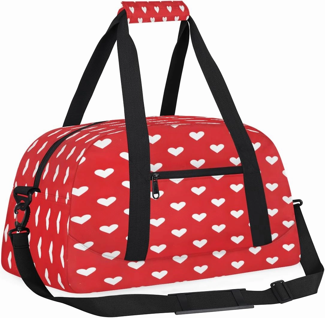 Red and White Hearts Kids Overnighter Duffel Bags for Boys, Carry-On Size Sports Gym Bag with Front Zipper Pocket for School Practice or Overnight Travel Weekender Sleepover Tote Bag